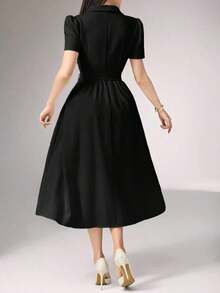 Vestido Formal de Oficina para Mujer, Cuello Solapa con Ribete de Encaje, Cuello en V, Manga Corta, Cinturón en la Cintura, Vestido Midi Acampanado - Negro - Ver 2