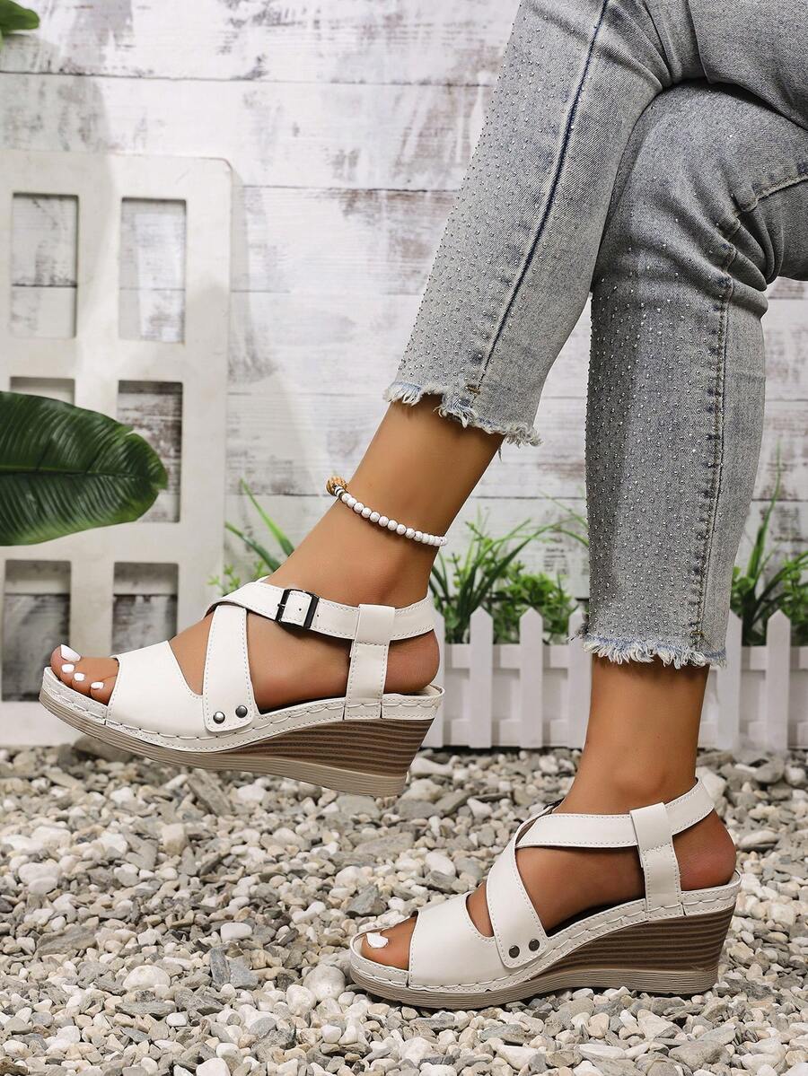 Sandalias de plataforma con cuña y hebilla de unicolor retro para mujer de talla grande - Albaricoque - Ver 1