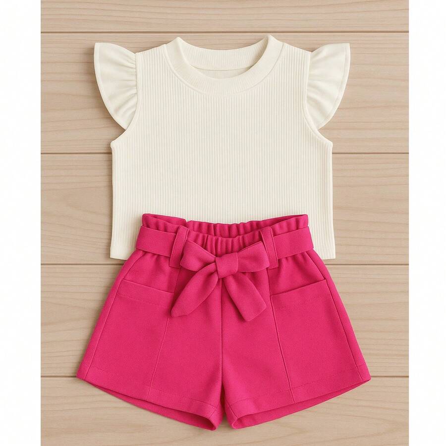 Children's And Teen Set: Cropped Blouse With Ruffles And Ribbed Detail + Linen Clochard Shorts. 2-Piece Set For Girls And Teenagers CJI033 - 粉紅色和關閉 - 查看 1