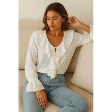 Blusa Elegante con Volantes en Cascada y Puños Elásticos. - Blanco C8093 - Ver 1