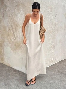 Đầm maxi hở lưng, dây mảnh, đính sequin thanh lịch dành cho nữ, thích hợp cho tiệc tùng, đám cưới, đi biển, kỳ nghỉ, lý tưởng cho ngày Valentine, lễ tốt nghiệp, trang phục đi biển. - Màu be - Xem 5