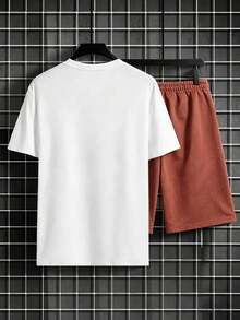 Summer 100% Cotton Men's Casual Two Pieces Sets: Men's Round-Neck Short-Sleeved T-Shirt And Men's Casual Shorts Or Tracksuit Bottoms. - White Top + Caramel Pants - View 5