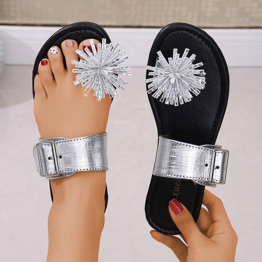 New Women's Firework Rhinestone Thong Sandals, Adjustable Buckle Design, Non-Slip Open Toe One-Strap Slides, Beach Holiday Party Versatile Summer Slippers - Silver - View 1