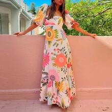 2026 Spring New Women's Clothing-Border European And American Dress Casual Off-Shoulder Sleeve Printed Long Dress - 28335-桔紅色 - 查看 1