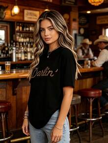 Women's Slogan Graphic T-Shirt, Suitable For Spring And Summer Western T Shirts Western Graphic Tees Women Cowgirl Shirts For Women Dark Academia Clothes Dolly Parton Shirt. Conjuntos De Mujer Elegantes,Camisas Para Mujer,Vacation Outfits Women,Summer - 黑色 - 查看 3