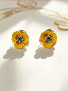 1 par de pendientes de botón con flores de metal en contraste de color amarillo y azul con rhinestones de colores, accesorio de atmósfera delicada - Amarillo - Ver 3
