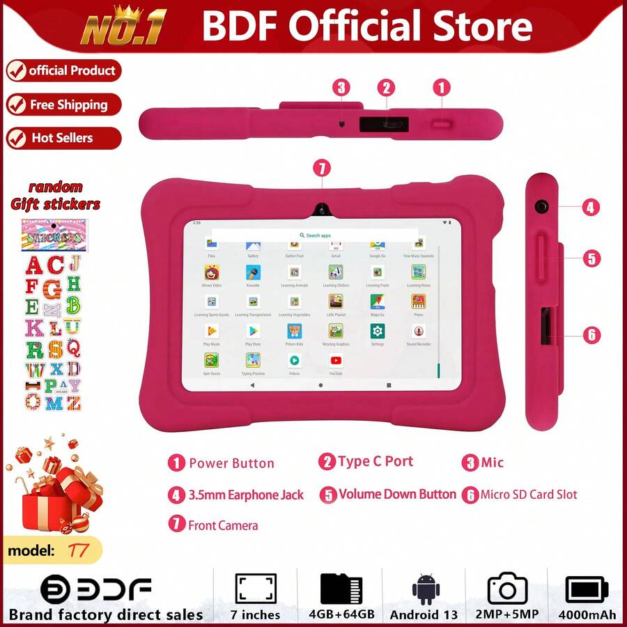 Children's Electronic Learning Toy / 4GB RAM + 64GB Storage / 7 Inch Children's Tablet / Quad-Core 1.3GHz Processor / Android 13 System, MTK8321 Chip / 1280x800 IPS High Definition Screen / 2MP + 5MP Dual Camera / 4000mAh Large Capacity Battery / Supports WiFi Parental Control And Educational Games / Made Of ABS Plastic + Silicone Material BDF Children's Educational Tablet (Includes: Packaging Box / Data Cable / User Manual / OTG Adapter / Card Reader) - 彩色 - 查看 1