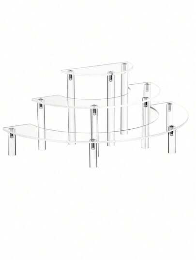 Kệ trưng bày hình lưỡi liềm 3 tầng bằng acrylic trong suốt dùng để đựng và trưng bày mỹ phẩm, đồ sưu tầm, kệ nhiều tầng bằng acrylic, giá trưng bày bằng lute, kệ sắp xếp trong suốt.