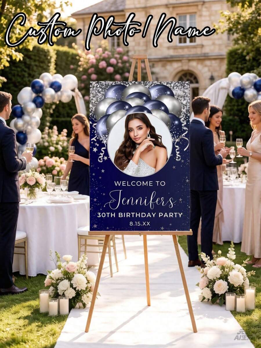 1pc Personalized Birthday Poster, Blue & Silver Balloon Theme Birthday Welcome Sign, Birthday Party Welcome Sign With Photo, Customized Birthday Celebration Welcome Signage, Birthday Party Welcome Backdrop, Customized Birthday Party Welcome Board Template, Birthday Party Entrance - Multicolor - View 1