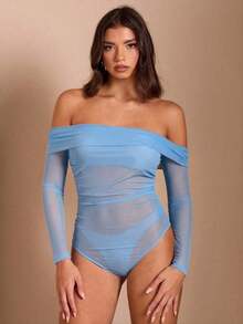 Body entero negro hombros descubiertos para mujer, tela tul transparente combinada con diseño de fruncidos, prenda sensual ideal para Halloween y looks nocturnos elegantes - Celeste - Ver 3
