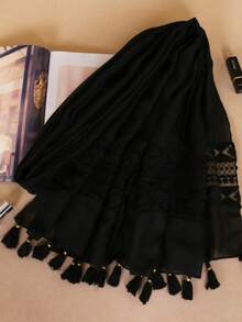 1pc Women's Solid Color Lace Tassel Long Scarf, Versatile Shawl - A-black - View 7