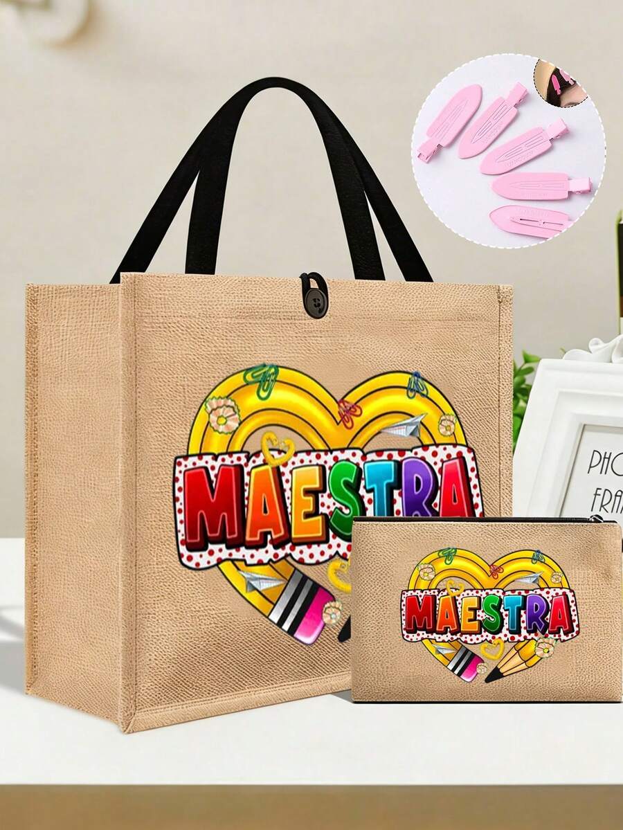 黄色亚麻“MAESTEA”图案手提包,纽扣装饰,简约大容量手提包,便携休闲收纳包,多功能购物袋,休闲基础款,独特定制设计,适合作为礼物送给她、家人、朋友、女朋友,周年纪念日、节日礼物,女士时尚包,小型化妆包,粉色发夹,护士节、教师节、毕业礼物 - 彩色 - 查看 1