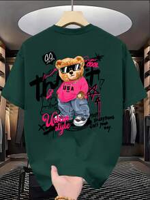 Summer TopsStylish T-Shirt Featuring An Adorable Bear Design, Relaxed Fit With Short Sleeves, Perfect For Everyday Wear, Door Activities, And Shopping - 深綠色 - 查看 12
