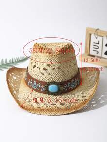 1pc Unisex Turquoise & Belt Decor Dyeing Custom Travel Shade Summer Hollow Out Cowgirl Hat Wide Brim Band Hand Sun Hat Beach Hat Boho Straw Hat Handmade Printed Breathable With Beaded Trim Woven Cowboy Hat For Wedding Party - 米色 - 查看 4