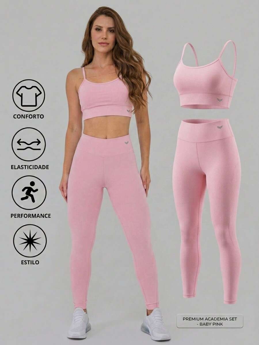 Premium Women's Fitness Set - Padded Top + Gym Leggings - Women's Gym Set - Padded Top + Premium Fabric Leggings - Women's Sports Set - Padded Top + High Quality Leggings - 淺粉色 - 查看 1