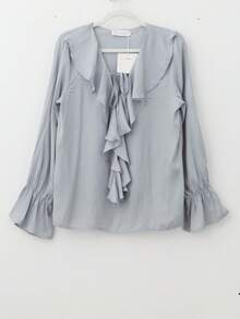 Elegant Blouse With Cascading Ruffles And Elastic Cuffs. - Grey C8093 - View 7