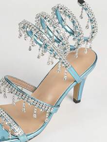 Women's Stiletto High Heel Sandals, Fashion Minimalist Strap With Rhinestone Snake Wrap Round Toe, Suitable For Summer And Autumn - Blue - View 4