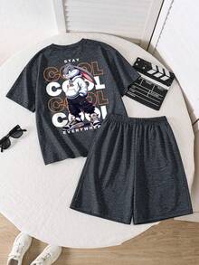 2pcs/Set Boys' Street Style "Cool Rabbit" Pattern Casual Outfit, Including T-Shirt And Shorts, Soft Comfortable Fabric, Suitable For Summer School Wear - Black - View 3