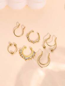 6pcs Mixed Fake Nose Rings Set, Stainless Steel Punk Hip-Hop Street Fashion Unique Design Clip-On Nose Rings For Daily Wear - B - View 5
