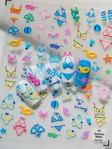 6D Embossed Summer Nail Art Stickers, Includes Colorful Bikini, Swimming Ring, Starfish, Swimsuit And "It's Swimming/It's Summer" Cute English Slogan, Fresh And Vibrant Colors, Suitable For Beach Vacation, Summer Party, Casual Outfit, Nail DIY, Suitable For Sweet Girls, Students, Moms, Nail DIY Beginners, Summer Lovers - Multicolor - View 8