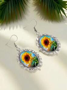 Women's Summer Sunflower Hook Earrings, With An Antique Silver-Plated Openwork Frame And A Sunflower-Shaped Glass Cabochon Gemstone. - Silver - View 3