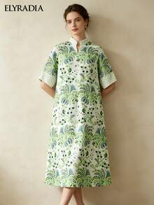 Luxury Women's Robe Resort Wear Elegant Temperament Commuter Short Sleeve Green Botanical Print Stand Collar Midi Dress - Green - View 7