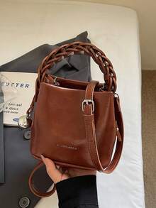Bolso cuadrado portátil de material de PU impermeable con diseño de patrón de letras, decoración con colgante de metal, bolso elegante portátil preparado, bolso de negocios y viajes, adecuad - Albaricoque - Ver 11