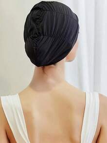 1pc Unisex Pleated Fabric Swim Cap With Ear Protection, Suitable For Long Hair, Essential For Beach And Swimming Pool - Black - View 2