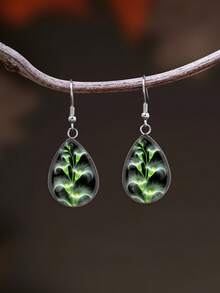 1 Pair Fresh Botanical Flower Pattern Paired With 316 Stainless Steel Water Drop Earrings, Cute Minimalist Style Suitable For Women's Daily Wear And Gifts, Elegant Minimalist Style Jewelry Earrings Suitable For Women's Daily And Holiday Wear - Green - View 3