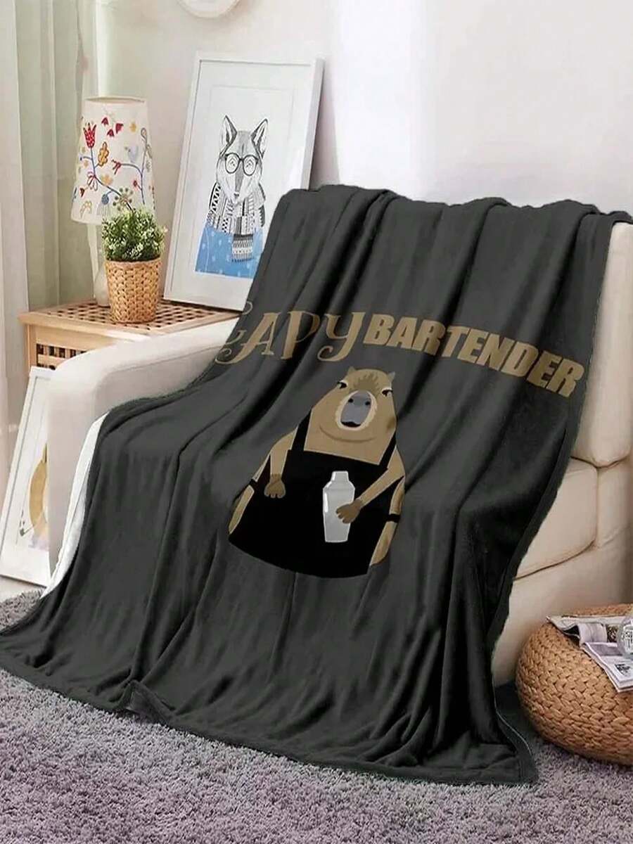 Cute Capybara Club Home Cartoon Print Picnic Blanket, Warm Flannel, Soft And Comfortable, Perfect For Home, Travel, Or Birthday Gifts (12)Decor For Bedroom,Bedroom Decor Items,Room Decor - White - View 1