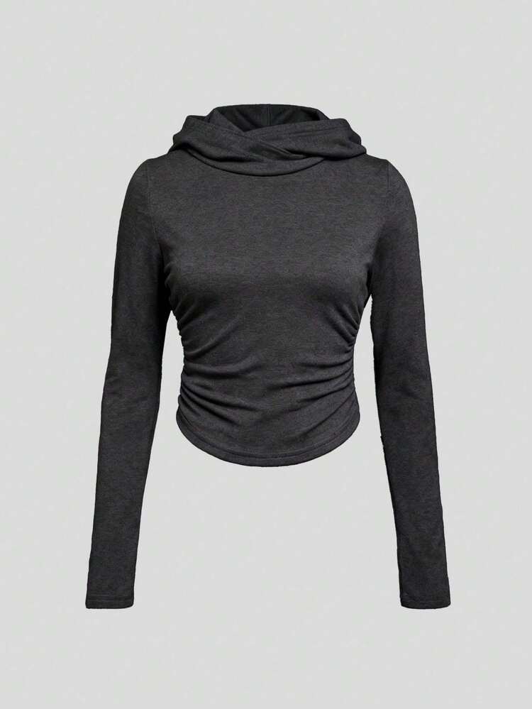 Camiseta de manga larga ajustada con capucha y estilo casual de alta elasticidad, para primavera/verano, Baby Phat - Gris Oscuro - Añade 5