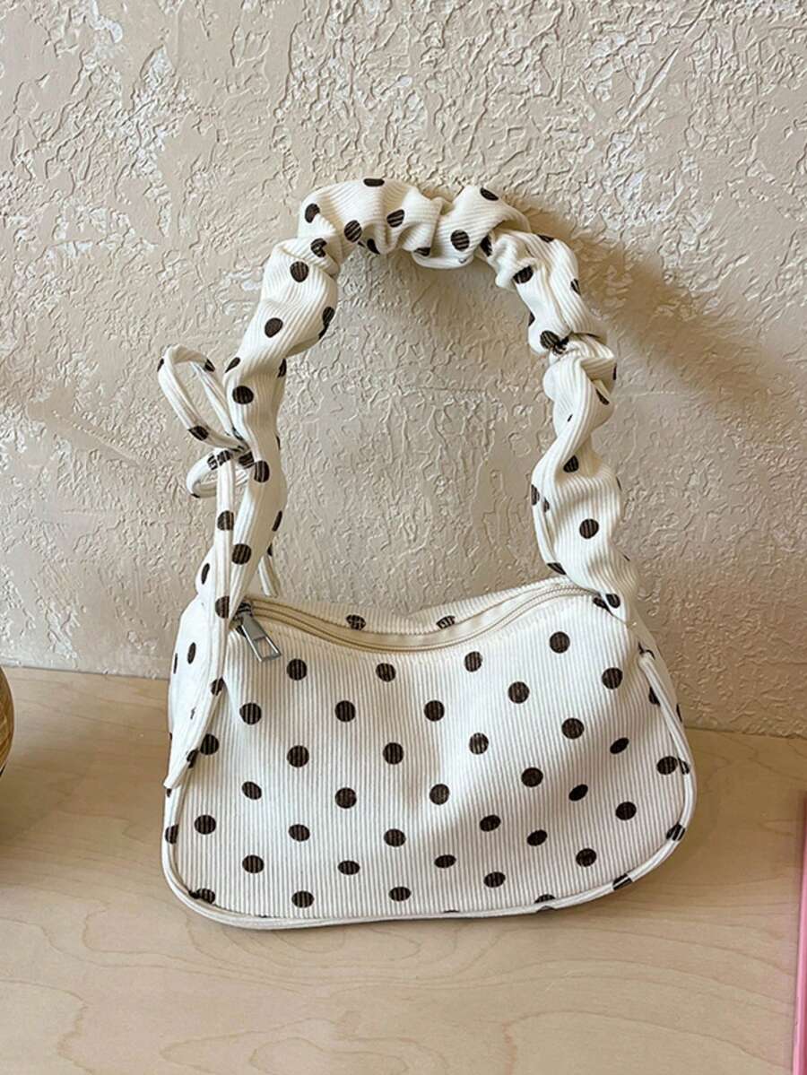 1pc Fashionable Pleated Drawstring Design Versatile Minimalist Chic Polka Dot Element Shoulder Bag