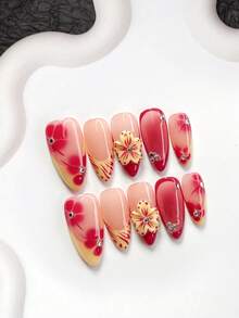 10 Pcs Tropical Resort Style Handmade Nail Art Set,Polygel Nail Set,Small Diamond Nail Art Accessories,Nude-Pink Base Accented With Contrasting Red And Yellow, Featuring Hand-Painted Red Flowers And Hand-Sculpted 3D Floral Details Nail Art Decorations,Pink, Yellow, Red Nail Polish,New Chinese Style,Comes With Nail Tools - Nhiều màu - Xem 3