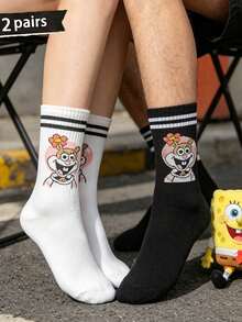 SpongeBob SquarePants 2双男女通用卡通动漫图案中筒袜，时尚百搭情侣袜，春夏轻薄休闲运动袜 - 彩色 - 查看 2