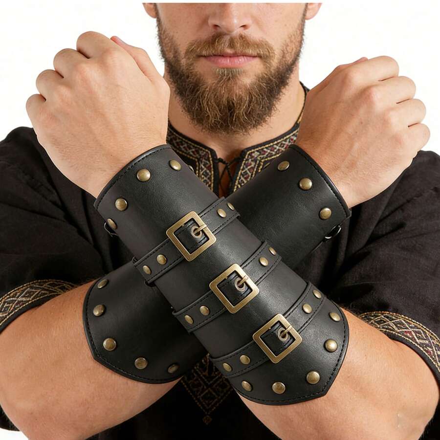 1件中世紀文藝復興復古PU護臂 鉚釘式維京騎士戰士護腕 男士Cosplay服裝配件 萬聖節LARP派對舞台表演服飾道具 - CC - 查看 1