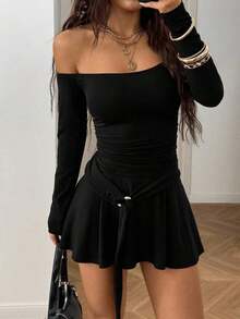 1 pieza Vestido de manga larga ajustado con hombros descubiertos para mujer - Gris Claro - Ver 9