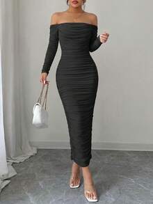 PRETTYGARDEN Womens  Fall Long Sleeve Maxi Dress Off Shoulder Mesh Ruched Bodycon  Long Wedding Guest Christmas New Years Valentine Vacation Dresses For Women Elegant - 黑色 - 查看 3