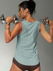 Solid Color Hollow Out Sports Tank Top, Fitness Workout Vest - Mint Green - View 7