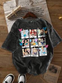 Disney Princess Mickey Balloon Letter" Pattern Printed T-Shirt Summer Women's Fun T-Shirt Short Sleeve Top Printed Regular Fashion Niche Snowflake Washed T-Shirt - màu đen - Xem 3