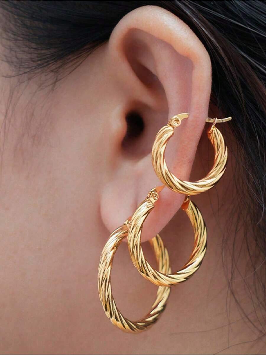 OBOVAY Set de 6 piezas de aretes de acero inoxidable con textura redonda exagerada de estilo vintage, de moda y sin decoloración - oro - Ver 1