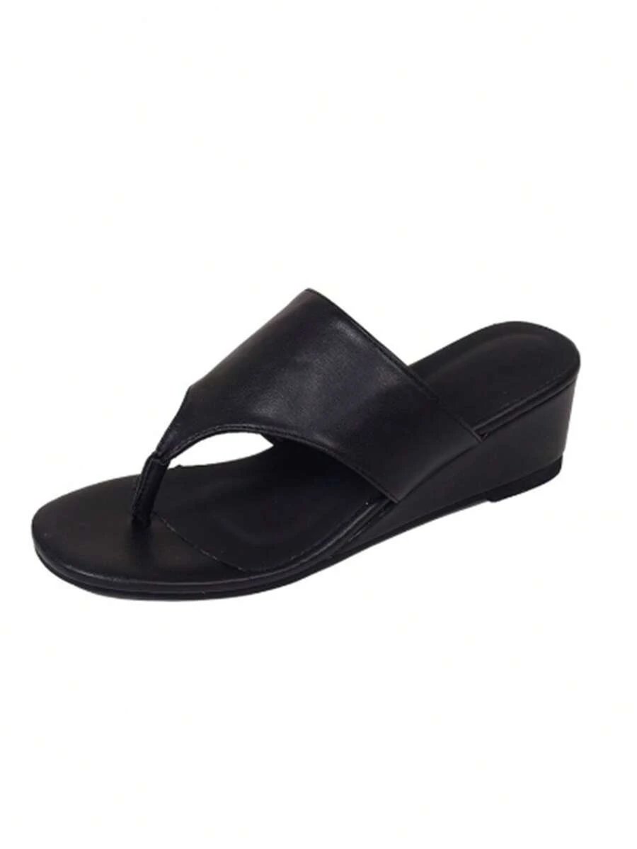 Black Satin Platform Flip Flops, Minimalist Elegant High Heel Thong Sandals For Outdoor Wear - Black - View 1