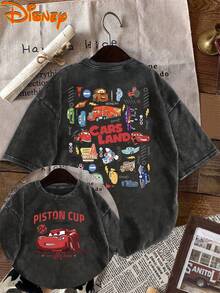 Disney Licensed Women's Summer Pure Cotton Short Sleeve T-Shirt, Cars Lightning McQueen Vintage Elegant Women's 100% Pure Cotton Short Sleeve T-Shirt, Vintage Fashion Distressed T-Shirt, Disney-Themed Street Style 2026 Spring/Summer Popular Vintage Fashion Distressed Crew Neck T-Shirt, Suitable For Daily Outings, Theme Park Events, And Gatherings - màu đen - Xem 2