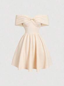 MOD Vestido con hombros descubiertos, cuello de lazo, cintura ajustada y bajo acampanado - Blanco - Ver 5