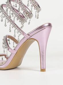 Women's Stiletto Heeled Sandals, Fashion Minimalist Strap With Rhinestone Snake Wrap Round Toe, Basic Style For Summer & Autumn - Baby Pink - View 5