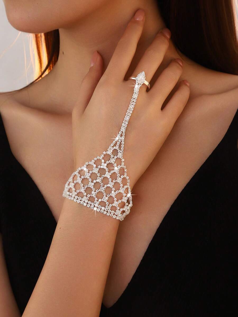 1 chiếc dây đeo ngón tay đính đá lấp lánh, kiểu dáng thời trang, đa năng, phù hợp cho phụ nữ đeo trong các dịp cưới hỏi, tiệc tùng, liên hoan và sinh hoạt hàng ngày. - trắng - Xem 1