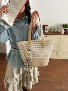 Straw Tote Bag For Women, Large Capacity Handbag, Countryside Style, Versatile For Summer Outings - Multicolor - View 5