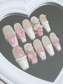 10 Móng Tay Giả Kiểu Pháp 3D Hình Gấu Teddy Dễ Thương Màu Hồng, Móng Tay Giả Kiểu Pháp Dài Hình Quan Tài, Trang Trí Với Những Chú Thỏ Nhỏ Dễ Thương, Ngọc Trai Trắng, Trái Tim Hồng Vẽ Tay, Nơ Hồng 3D, Chấm Bi và Mắt Mèo Bạc Lấp Lánh. Móng Tay Dễ Thương, Móng Tay Hồng, Móng Tay Ngày Valentine, Móng Tay Giả Acrylic. - Màu Hồng baby - Xem 2