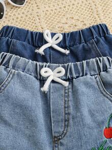 2pcs/Set Girls Summer Watermelon Cherry Embroidered Denim Shorts, Street Style Hemline Casual Denim Pants For Young GirlVacation - Multicolor - View 3