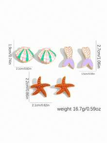 Women's Summer Vacation Style Cute Enamel Earrings, Sweet And Playful Petite Starfish Shell Mermaid Earrings, Fashionable Jewelry For Beach, Dates, And Daily Wear In Muted Colors - Multicolor - View 4
