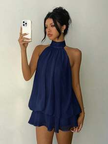 Elegant Women's Mini Dress With Halter Neck And Bow In Light Yellow - Red and White - View 4